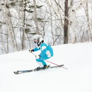 Uma pessoa esquiando na neve em trajes azul claro e branco com fundo de troncos de árvores cinzas