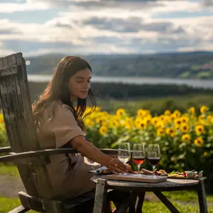 Mulher sentada de frente para um campo verde