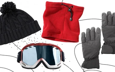 Luva, óculos e touca de esqui.