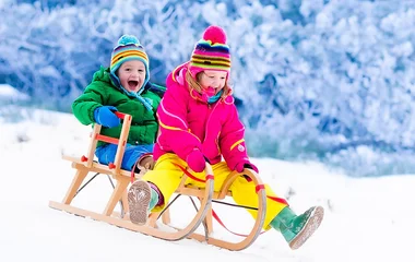 Crianças descendo a neve de trenó.