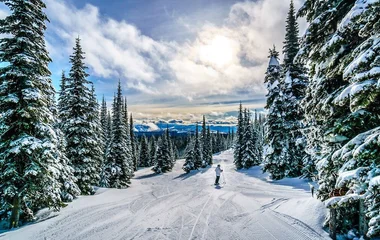 Homem esquiando em Sun Peaks no Canadá.