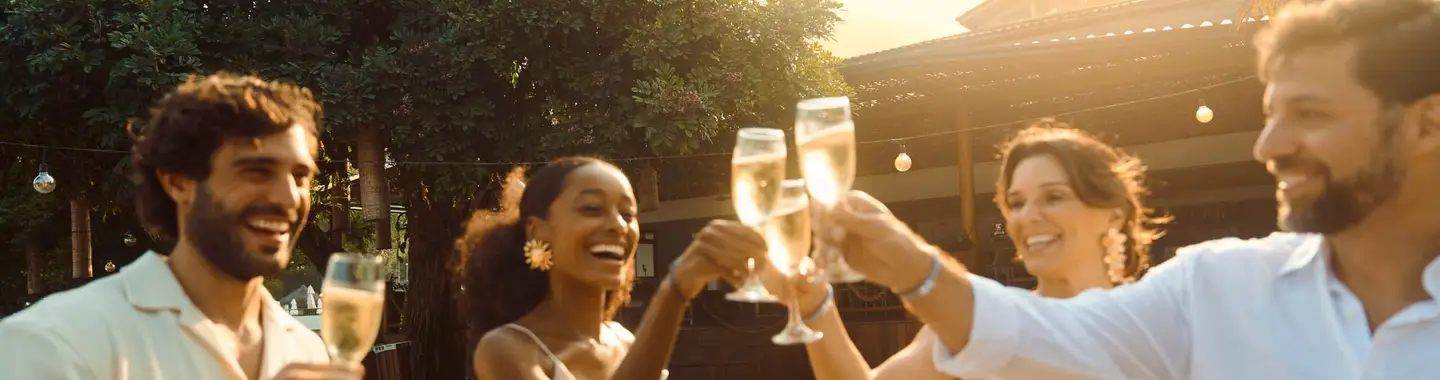 amigos sorrindo brindando com taças de espumante