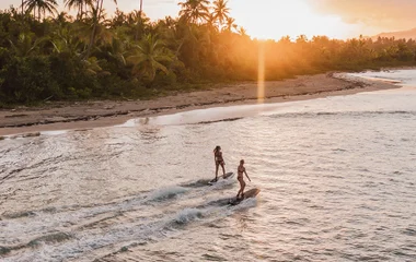 A man and a woman walking on a beach with palm trees