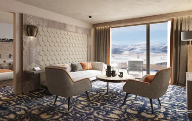 A man and a woman walking on a beach with palm trees