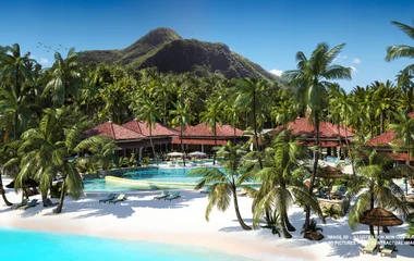 Drone shot of the pool and beach area of Club Med Seychelles