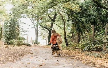 A girl takes her dog for a nature walk through the jungle, enjoying the lush surroundings