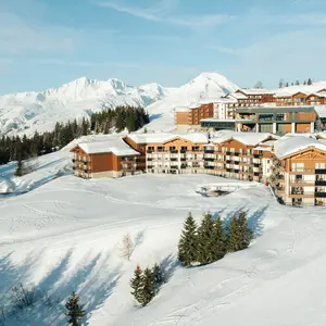 View of a club med ski resort in the Alps