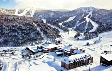 Kiroro resort viewed from above under snow