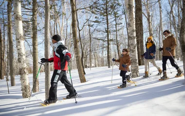 famille en train de faire des raquettes dans la forêt